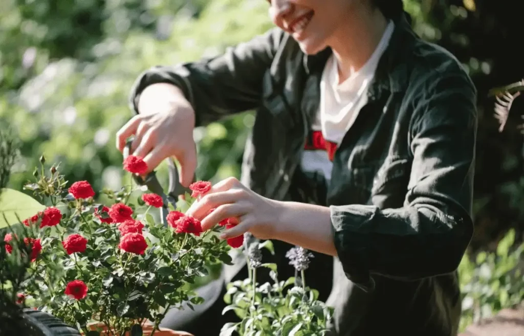 A woman happily tending to a flowering tree during maintenance.