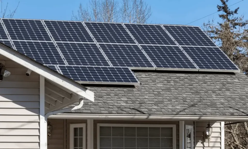 Solar panels installed on the roof of a house, harnessing solar energy.