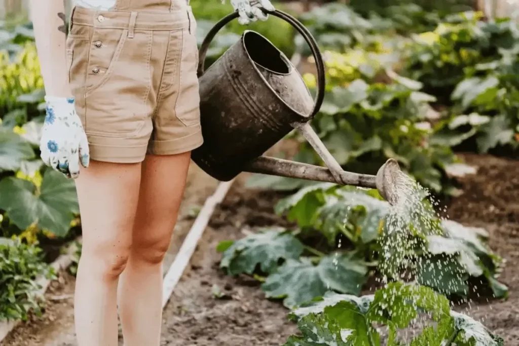 A woman diligently watering plants, promoting sustainable gardening.