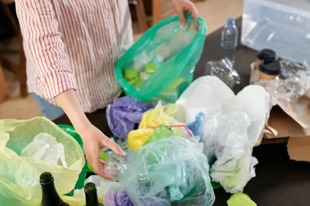 Woman diligently sorting plastic for recycling, promoting sustainable practices.